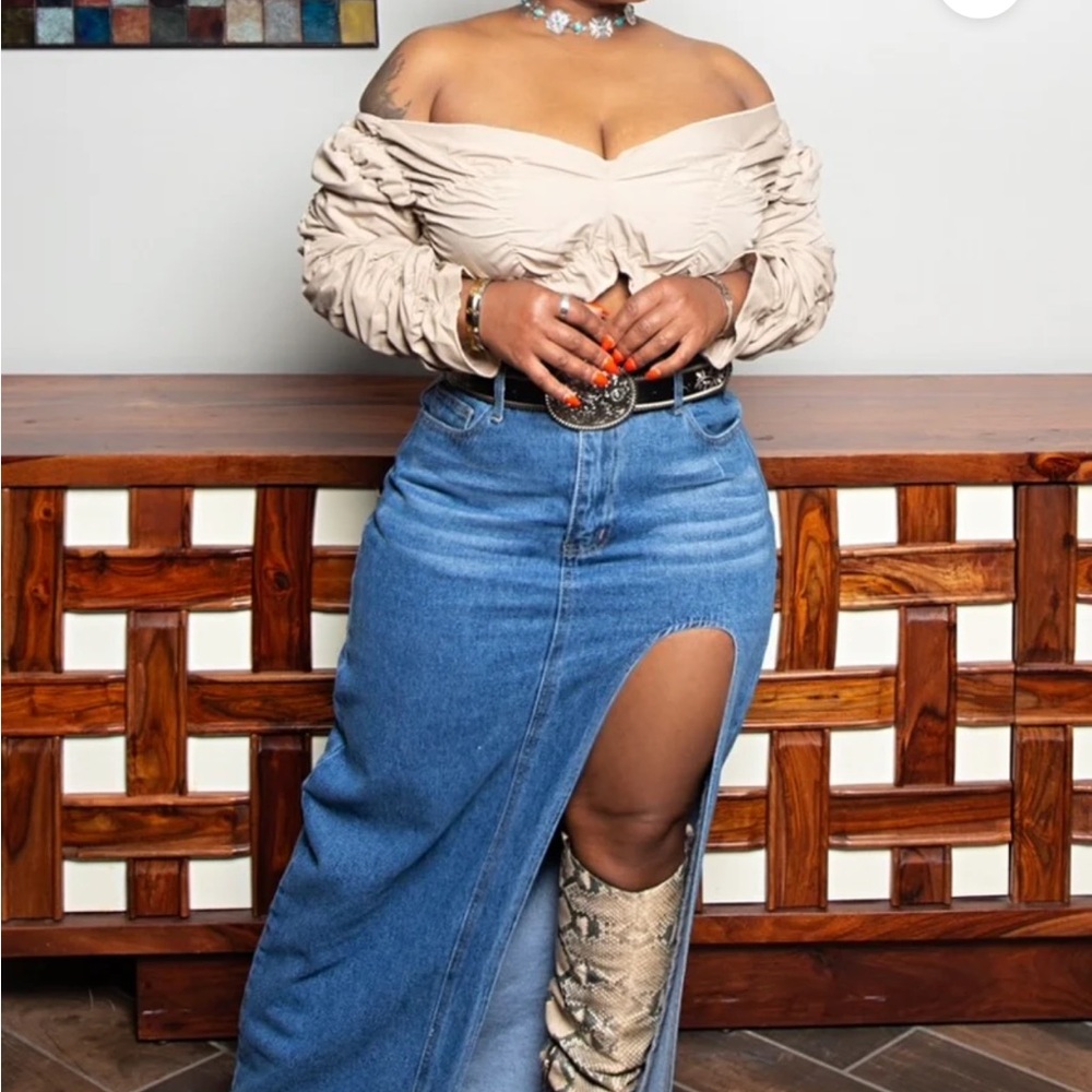 Beige Off-Shoulder Top and Blue Denim Skirt